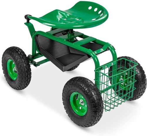 4-Wheel Garden Cart Mobile Rolling Work Seat w/Tool Tray, Storage Basket, Rubber Tires - Lot 450