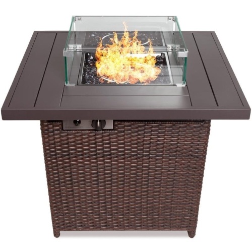 32in Fire Pit Table 50,000 BTU Wicker Propane w/ Wind Guard, Cover - Lot 592