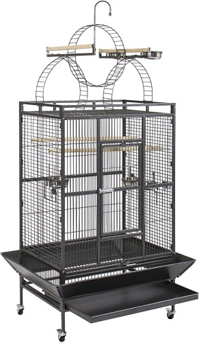 92in Durable Iron Bird Cage w/ Long Wooden Perches, Play Area, and Rolling Wheels - Lot 632