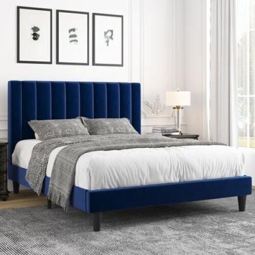 AmoLife Queen Size Blue Velvet Upholstered Platform Bed Frame with Headboard - Lot 882