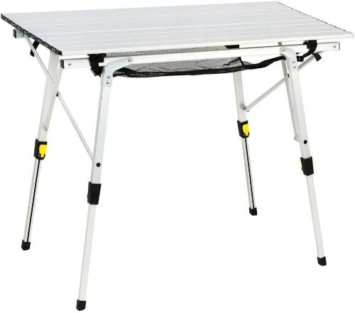PORTAL Outdoor Folding Camping Table with Aluminum Legs, Adjustable Height, Roll Up Table Top, Mesh Layer - Lot 887