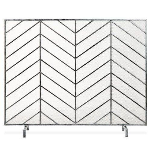 Single Panel Iron Chevron Fireplace Screen w/ Antique Finish - 38x31in - Lot 921