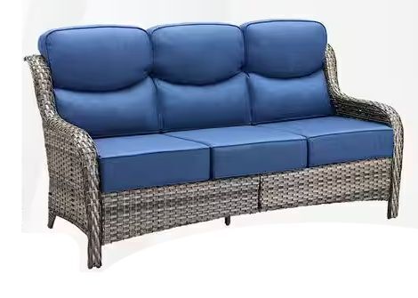Gray Wicker Patio Sofa with 6 in. Thick Blue Cushions - Lot 13JF