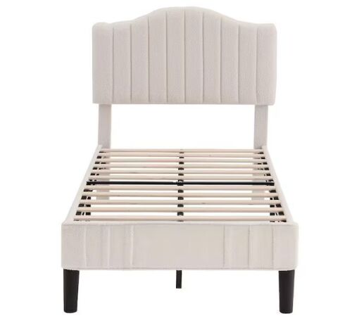 VECELO Upholstered Bed Frame with Sheepskin Fabric Adjustable Headboard Twin Size Platform Bed, Beige - Lot 22JF
