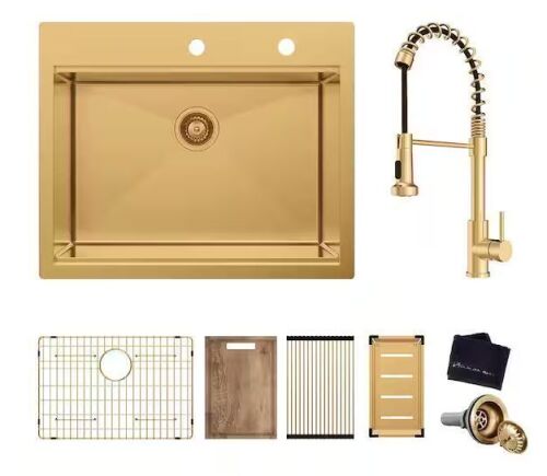 Glacier Bay 33 in. Drop In Single Bowl 18-Gauge Gold Stainless Steel Workstation Kitchen Sink with Spring Neck Faucet - Lot 26JF