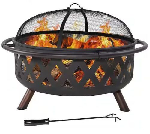 Sunnydaze Black Cross Weave 36 in. x 24 in. Round Steel Wood Burning Fire Pit with Spark Screen - Lot 47JF
