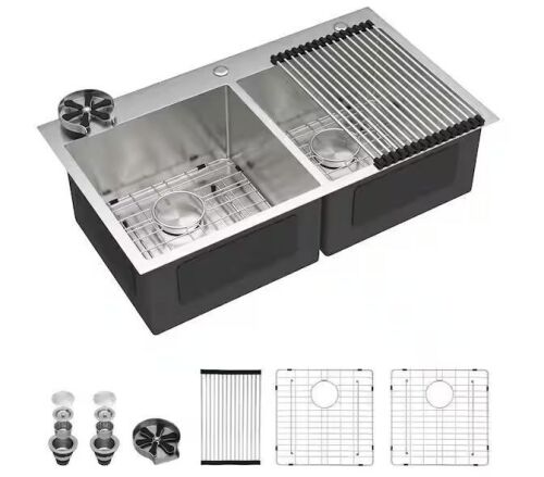 Dcolora 33 Inch 50/50 Double Bowl with Glass Rinser Topmount Kitchen Sink Drop In, 16 Gauge Brushed Stainless Steel Finish - Lot 71JF