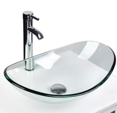 Puluomis Glass Oval Vessel Sink in Clear with Faucet Pop Up Drain Set - Lot 102JF
