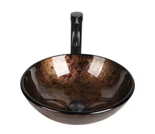 Puluomis 16.5 in . Vessel Bathroom Sink in Brown Glass Round with Faucet Pop Up Drain Set With Hand-Painted Pattern - Lot 103JF