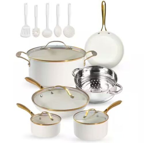 Gotham Steel Natural Collection 15-Piece Aluminum Ultra Performance Ceramic Nonstick Cookware Set in Cream with Gold Handles - Lot 105JF