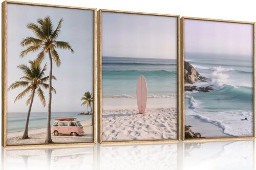 Beach Seascape Framed Canvas Wall Art, 24" x 36" x 3 - Lot 244