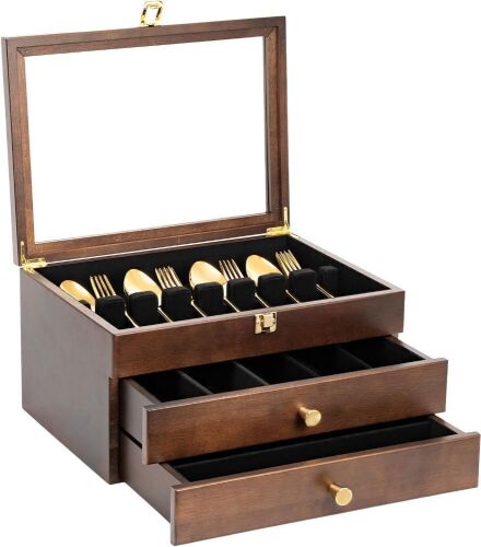 3-Layer Wooden Silverware Storage Box with Glass Lid, 14.5×10.6 Inches - Lot 343