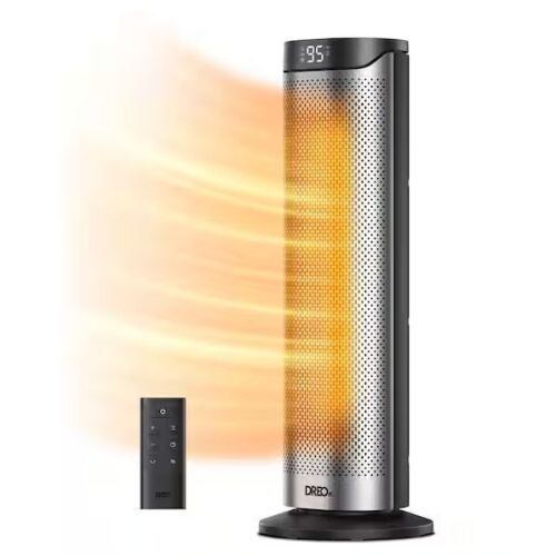 DREO 1500-Watt 23 in. Portable Indoor Ceramic Convection Electric Space Heater, 70° Osc w/Remote, 3-Heat Levels in Silver - Lot 528JF