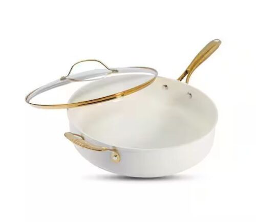 Gotham Steel Natural Collection 5.5 qt. Aluminum Ultra Performance Ceramic Nonstick Deep Saute Pan in Cream with Lid and Gold Handle - Lot 729JF