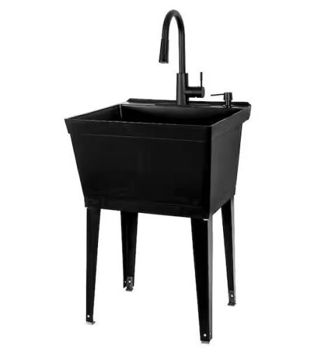 Complete 22.875 in. x 23.5 in. Black 19 Gallon Utility Sink with Black Metal Hybrid High Arc Faucet and Soap Dispenser - Lot 117JF