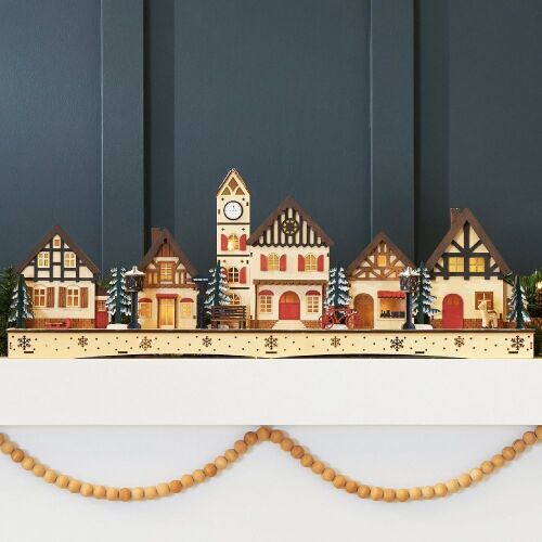Pre-Lit Wooden Christmas Village, Winter Mantel Decor w/ 20 LED Lights - Lot 203