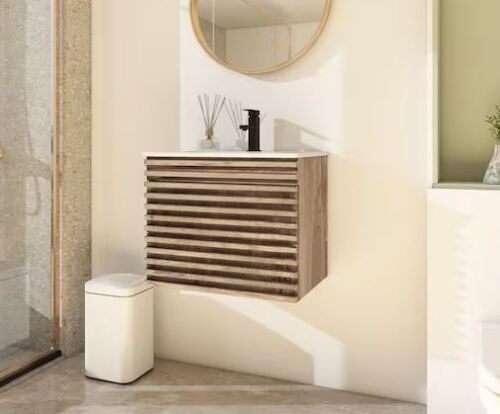 eclife 24 in. W x 18.3 in. D x 19.7 in. H Floating 1-Sink Bath Vanity in Oak with White Ceramic Top and Drain Faucet Set - Lot 28JF