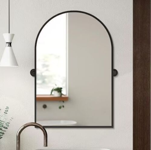 24 in. W x 31.5 in. H Modern Arch-Top Metal Framed Black Pivoted Wall Vanity Mirror - Lot 832JF