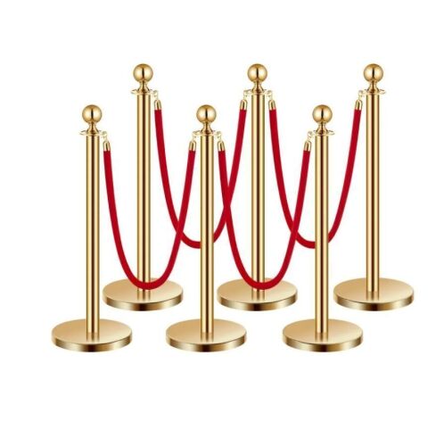 VEVOR Stanchions and Velvet Ropes 6Pcs, Hollow Base with Stainless Steel Post, 4 Red Velvet Ropes and Posts, Crowd Control Barriers Gold Stanchions - Lot 262