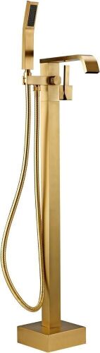 Solid Brass Floor Mount Standing Tub Filler Brushed Brass High Flow Rate Swivel Spout with Hand Shower - Lot 77
