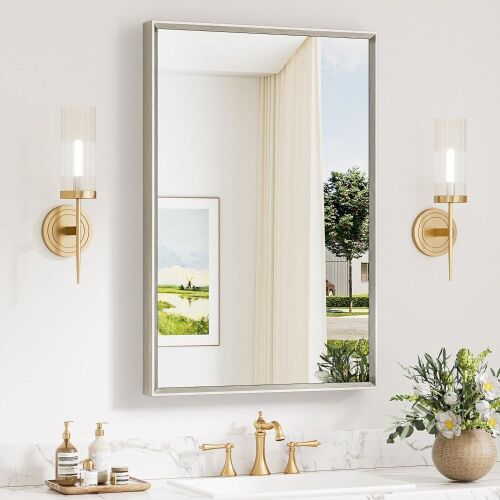 24 x 36 Inch Brushed Nickel Beveled Rectangle Framed Mirror - Lot 463