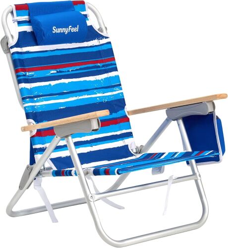 Low Back Folding Beach Chair, Aluminum Heavy Duty Beach Chair with with 5-Position, Portable Camping Chair for Adults with Wood Armrest, Lightweight Camping Chair 300lbs