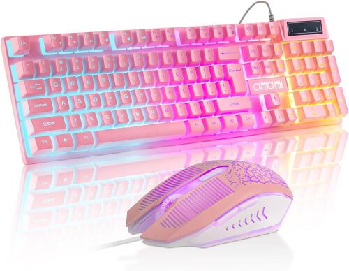 Gaming Keyboard and Mouse Combo with LED, 104 Keys Wired Light Up Pink Keyboard and Cute Mouse Set for PC Laptop Computer PS4 PS5 Xbox, 19 Keys Anti-ghosting, Multimedia Keys, Number Pad
