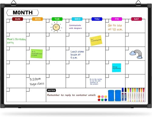 Dry Erase Calendar for Wall 36" x 24", Magnetic Monthly White Board Calendar Dry Erase 3' X 2', Black Aluminum Frame Calendars Whiteboard for Home School and Office Organization