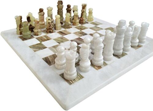 Handmade Staunton White and Green Onyx Marble Chess Board Game Set