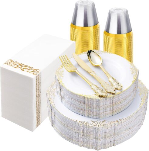 350PCS White and Gold Plastic Plates for 50 Guests, Disposable Dinnerware Set Includes 100 Disposable Plates, 150 Gold Silverware, 50 Cups, 50 Napkins for Party, Wedding