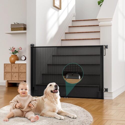 Retractable Baby Gates No Drilling | 54" Wide x 34" Tall Dog Gates for Stairs | Indoor/Outdoor Use | Child Gates for Doorways, Deck, Porch, Hallways, Patio