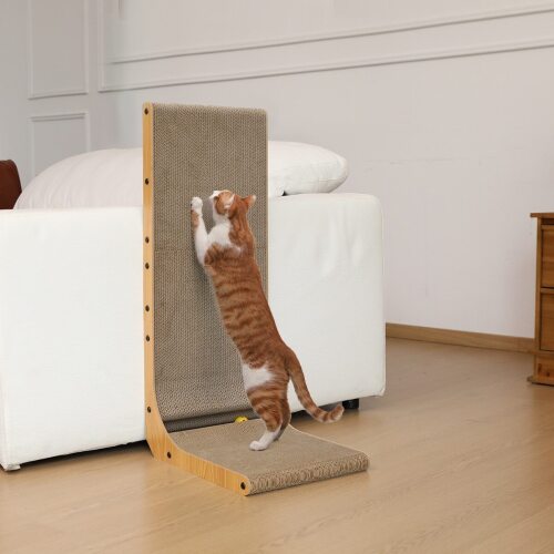Indoor L-Shape Wall Mounted Cat Toy Scratcher with Ball. Brown