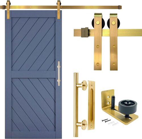Brushed Brass Gold Barn Door Hardware Kit – 72" (6 Ft) Track System for Single Door – Heavy Duty Rail with Rollers, 12" Handle & Floor Guide (Door Not Included)