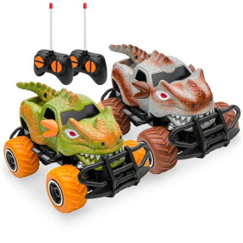 Set of 2 1/43 Scale 27MHz Toy Dinosaur RC Cars w/ 2 Controllers, 9mph Max Speed - Lot 10024