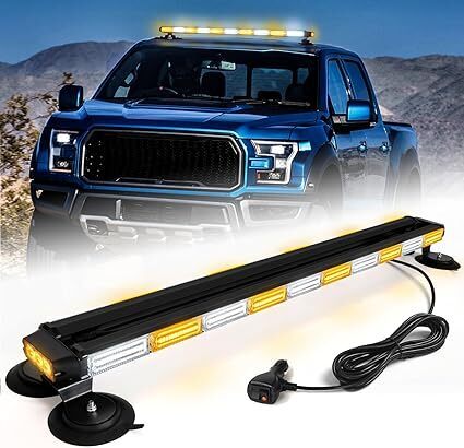 Roof Top Strobe Light Bar Amber White Emergency Traffic Advisor Lights, Double Side Warning Safety Flashing w/Magnetic Mount for Construction Vehicles Plow Trucks Pickup, Amber/White - Lot 10067