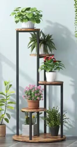 Wellston 40.94 in. H Rustic Brown Round Wood Corner Plant Stand Indoor, 5 Tier Potted Ladder Holder Flower Rack