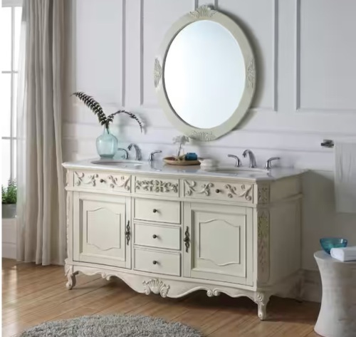 Home Decorators Collection Winslow 60 in. Double Sink Freestanding Antique White Bath Vanity with White Marble Top (Assembled) - Damages Shelves