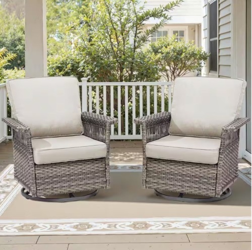 Opohoro GliderNet Gray Wicker Outdoor Rocking Chair Patio Swivel Gliders with Beige Cushions (2-Pack)