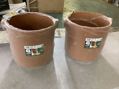 Lot of (2) Vigoro Alhambra Medium Terracotta Plastic Round Planter with Knockout Drainage Holes (16 in. L x 16 in. W x 15 in. H)