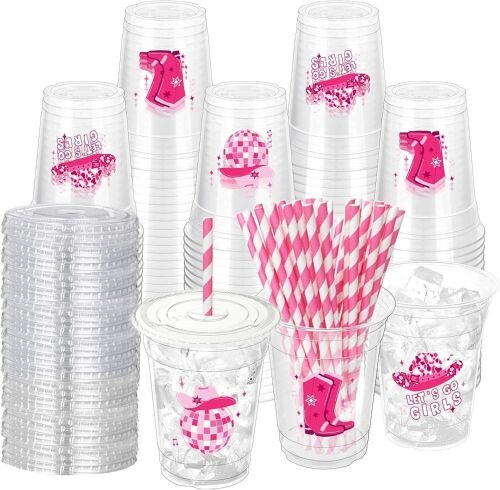 Lot of (2) Pink Cowgirl Disco Plastic Cups with Straws & Lids, 12 oz, 100 pc