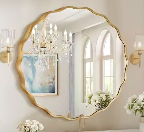 31.5 in. W x 31.5 in. H Round Gold Aluminum Alloy Framed Scalloped Wavy Wall Mirror