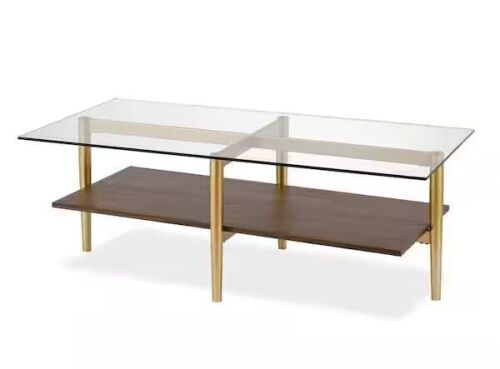Meyer&Cross Otto 47 in. Brass/Walnut Rectangle Glass Top Coffee Table