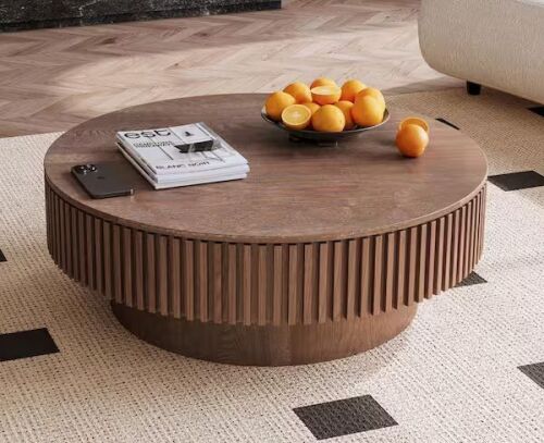 Noble House Leigh 39.37 in. Brown Round MDF Wood Coffee Table with Storage, Fluted Design, Walnut