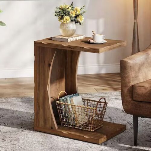 BYBLIGHT 19 in. Brown C-Shaped Solid Wood End Table - Small Blemish