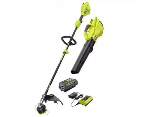 RYOBI 40V Cordless Attachment Capable 15" String Trimmer & 550 CFM 120 MPH Blower Combo Kit with 4.0 Ah Battery & Charger