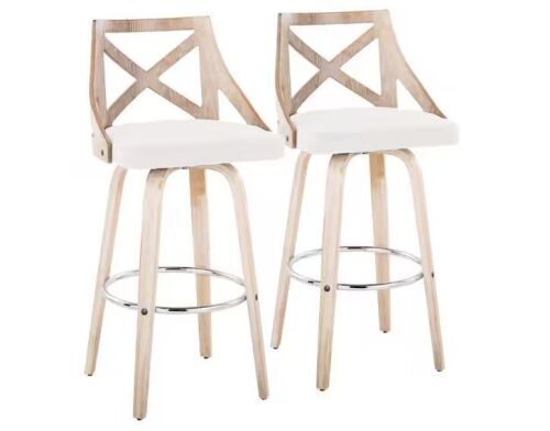 Lumisource Charlotte 29.5 in. Cream Fabric, White Wash Wood and Chrome Metal Fixed-Height Bar Stool with Round Footrest (Set of 2)
