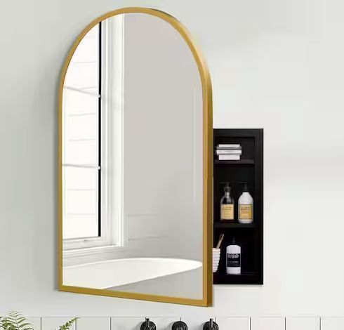 Lirago 24 in. W x 36 in. H Arched Recessed/Surface Mount Medicine Cabinet with Mirror in Gold