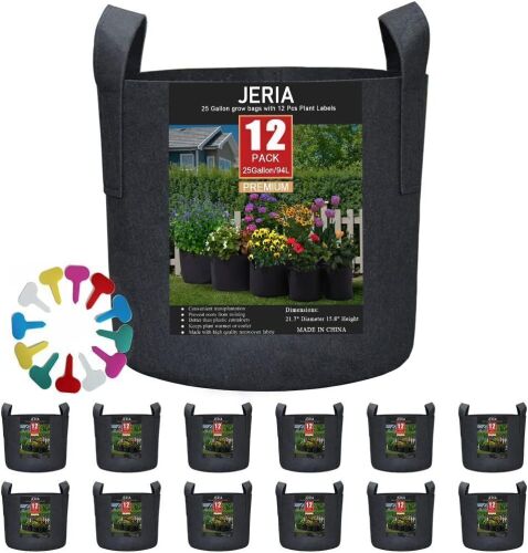 JERIA 12-Pack 25 Gallon Grow Bags, 300G Thickened Nonwoven Garden Pots