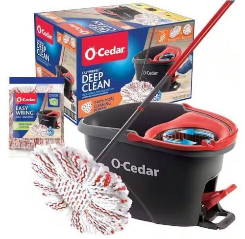O-Cedar EasyWring Deep Clean Microfiber Spin Mop w/ Bucket System, 1 Machine Washable Mop Head Refill - Lot 913JF