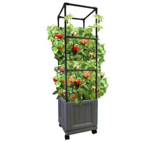CITY PICKERS 11 in. L x 11 in. W x 11 in. H Slate Grey Wheeled Resin Raised Garden Bed with 32 in. Trellis Tower